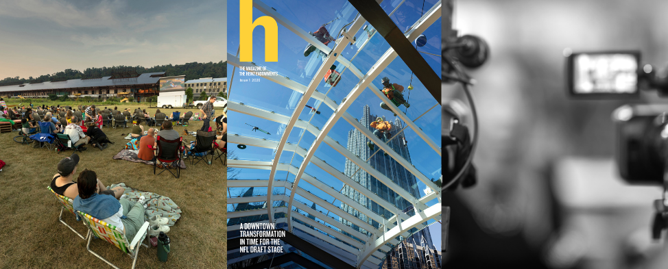 Three images including a crowd of people watching an outdoor movie, cover of a magazine with construction workers on top of steel covering, and news cameras